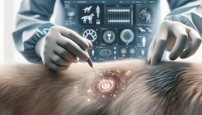 Vet inserting microchip under dog's skin between shoulder blades, scanner showing pet's ID nearby.