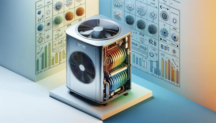 Heat Pump Services in Surrey: A modern heat pump with visible components, set against changing seasons, showing dual heating and cooling function.