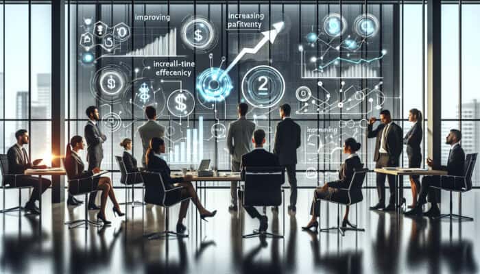 A modern office with professionals analyzing cost metrics on a digital dashboard, showing efficiency and profitability trends.