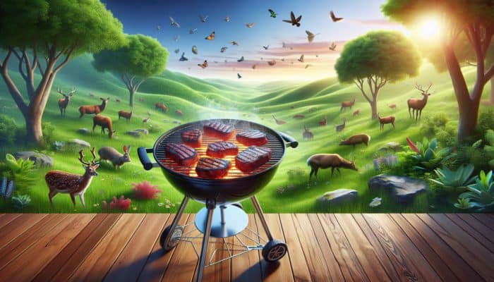 Sizzling grass-fed beef steaks on a grill amidst lush pastures and diverse wildlife, symbolizing health and sustainability.