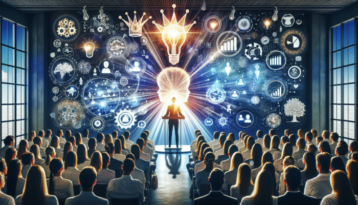 A person on a podium radiating light, surrounded by an engaged audience and icons of innovation, expertise, and influence.