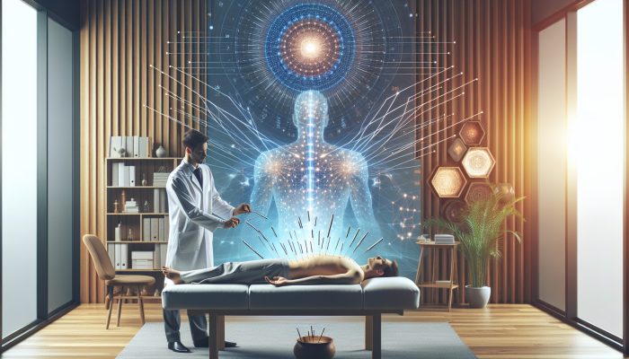 A serene acupuncture session in a modern UK clinic, with needles at energy points harmonizing 'qi' for holistic health.