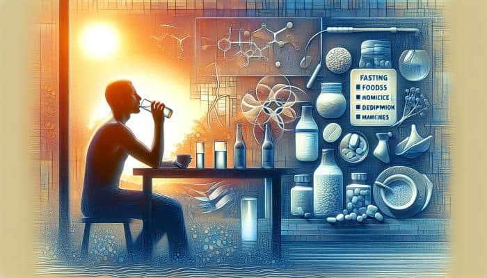 Person fasting for diabetes test, drinking water, early morning, medical lab, list of medications and foods to avoid.