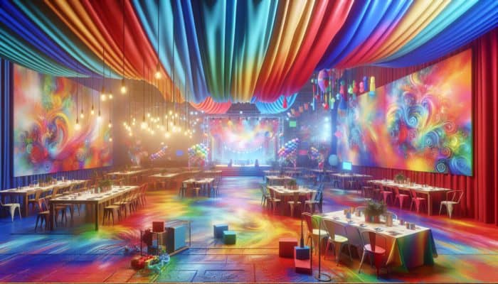 Vibrant temporary color washes on surfaces at a lively event, enhancing the festive atmosphere.