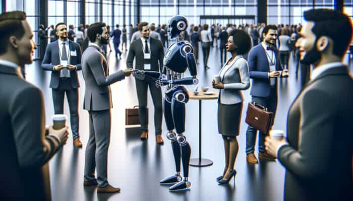 Strategic Networking for Human Virtual Assistant Growth: A virtual assistant networking at a modern conference, exchanging business cards with diverse professionals.