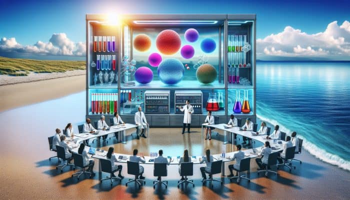 A serene Falmouth coastal scene with a medical lab, experts discussing vitamin D testing under a vibrant sky.