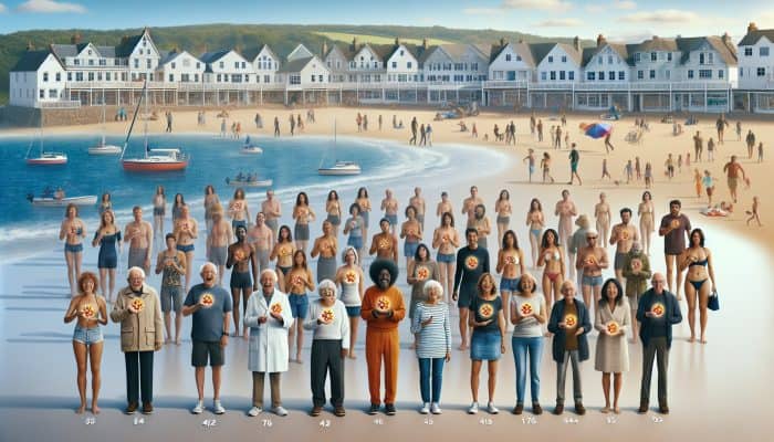 Diverse group in Falmouth across seasons, taking vitamin D supplements, showing need for year-round maintenance.