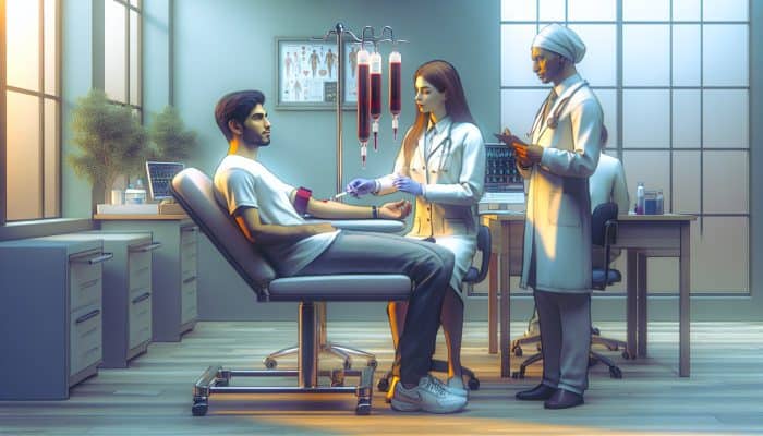 Patient preparing for thyroid blood test in serene Exeter lab with supportive staff and equipment.