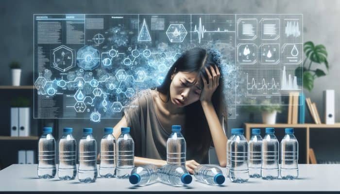 Electrolyte Imbalance Signs: Person dizzy and nauseous amidst water bottles, medical diagram showing low sodium levels, illustrating hyponatremia symptoms.