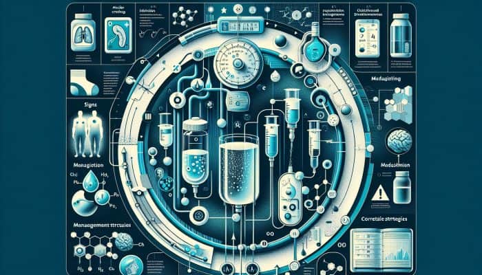 Infographic showing electrolyte imbalances, signs like muscle cramps, and management through hydration and diet.
