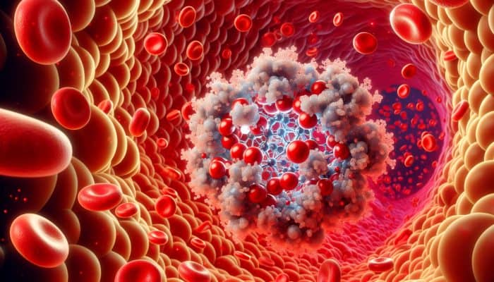 Ferritin Blood Test in Bootle: Microscopic view of ferritin molecules storing iron, with red blood cells in the background.