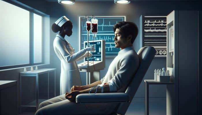 A person calmly preparing for a ferritin blood test in a serene medical setting with a nurse drawing blood.