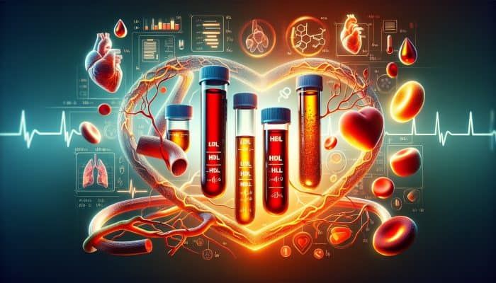 Cholesterol Blood Test in Whitehaven: Illustration of cholesterol blood test vials labeled LDL, HDL, triglycerides, with heart and arteries showing plaque buildup risk.