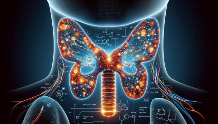 Advanced Thyroid Blood Test in Salisbury: Anatomical illustration of butterfly-shaped thyroid gland at neck's base, releasing T3 and T4 hormones, affecting metabolism and growth.