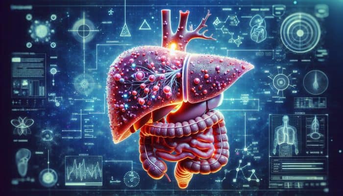 Ferritin Blood Test in Maldon: Cross-section of human body showing liver, spleen, bone marrow with glowing ferritin structures storing iron.