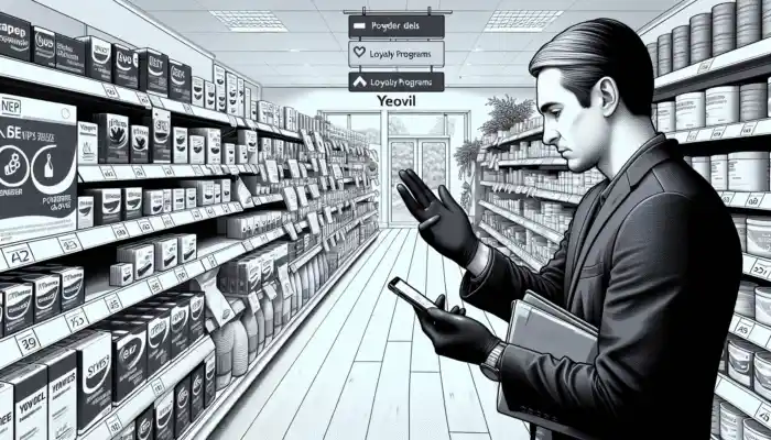 A person in a Yeovil store comparing prices of nitrile gloves, checking online deals on a smartphone.