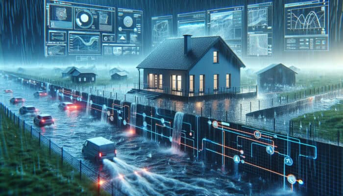 Perimeter Drainage Services in Maple Ridge: Cross-section of house foundation with perimeter drainage system channeling water away during heavy rain in Maple Ridge.