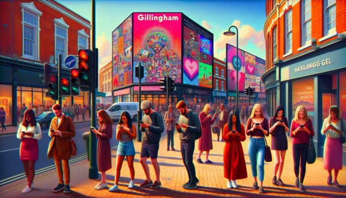 A vibrant Gillingham street scene with people using social media on phones, showcasing local businesses and events on digital billboards.