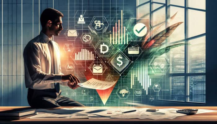 Employee reviewing payslip with tax deductions; government building in background represents revenue for public services.