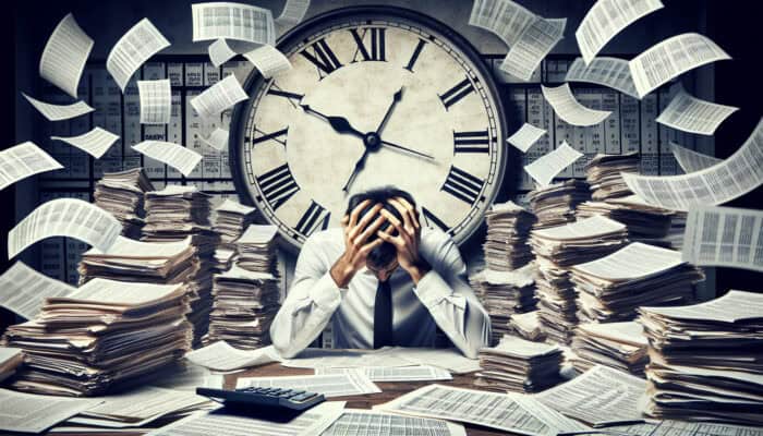 A stressed accountant with outdated tax tables and legal documents, clock showing time running out.