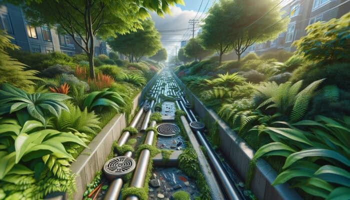 A well-maintained drainage system in North Vancouver with clear catch basins, French drains, and swales amidst lush foliage.