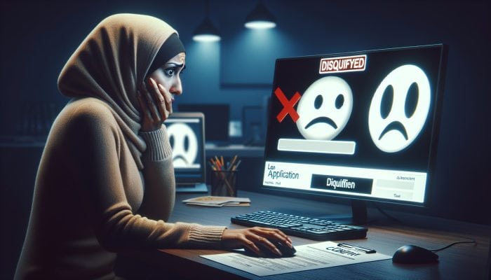 Debt Consolidation Loan Denial Reasons: UK Guide | DCL Debt Consolidation Loan Denial Reasons: A worried person views a low credit score of 590 on a computer, with loan forms and a "disqualified" stamp in a dimly lit UK office.