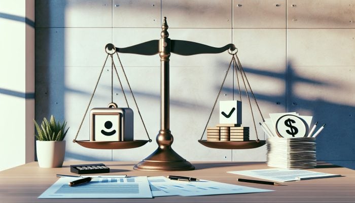 Debt Consolidation Loan Denial Reasons: UK Guide | DCL A scale balancing a stable job symbol and a loan approval document in a professional office with financial charts.