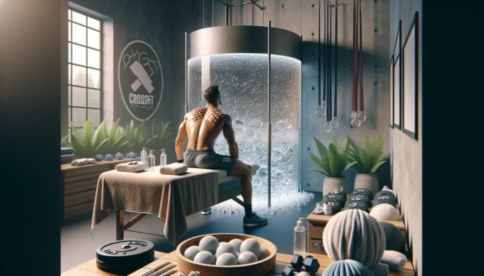 Recovery Supplements for CrossFit: A CrossFit athlete in a serene recovery scene with massage table, ice baths, and stretching equipment.