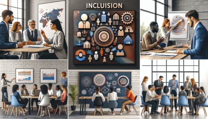 A diverse group of professionals in an inclusivity training session with interactive workshops and visual aids.