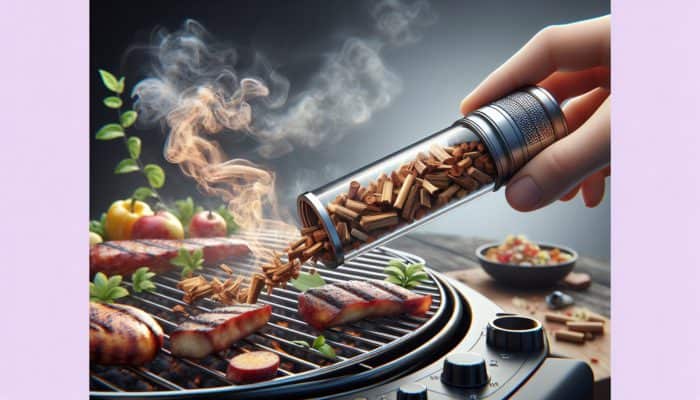 A compact smoke tube with smoldering wood chips infusing rich, aromatic smoke into grilled foods on a modern barbecue.