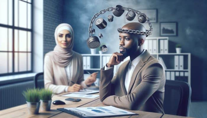 A person feeling relieved as debts are consolidated into one manageable loan, symbolized by merging heavy chains into a lighter one in a peaceful office.