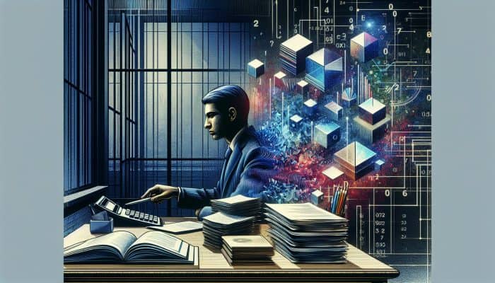 Person at desk with legal documents and financial charts, using calculator to plan debt consolidation.