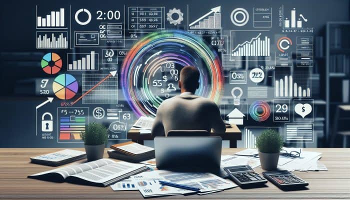 Person reviewing financial documents and loan applications on a laptop, surrounded by charts and graphs.