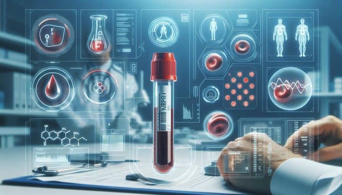 Ferritin Blood Test in St Albans: Illustration of a blood sample analysis for ferritin levels in a lab, showing iron deficiency and overload indicators.