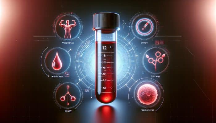 Testosterone Blood Test in Stafford: Illustration of testosterone blood test vial with concentration levels, icons for muscle, energy, and reproductive health.