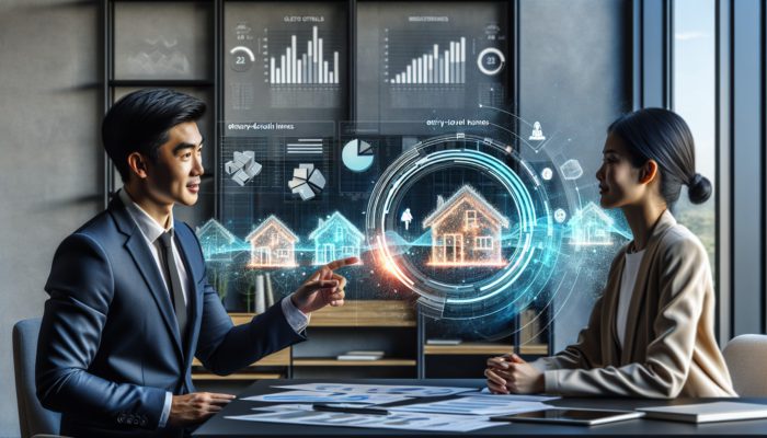 A real estate agent in Durban discussing seller motivations with a client using a map and charts in a modern office.