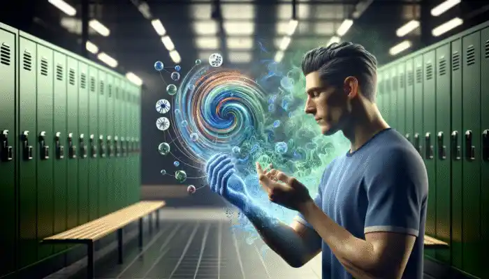 Antibacterial Body Wash for Men: Man in gym locker room using antibacterial body wash, surrounded by cleansing agents targeting bacteria.