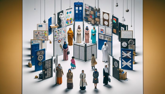 Diverse UK women facing healthcare barriers, symbolized by locked doors and cultural symbols.