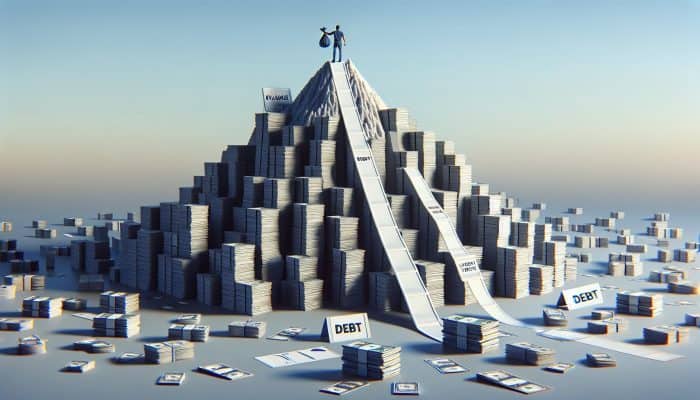 Using the Avalanche Method with Consolidation Loans: A person dismantling the highest stack of debts with high interest rates on a mountain, symbolizing the avalanche method towards financial freedom.