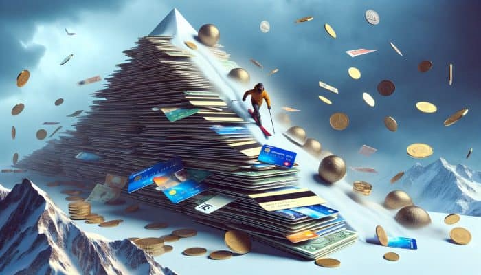 Person skiing down a mountain of credit cards with an avalanche of coins and bills, symbolizing the avalanche method in the UK.