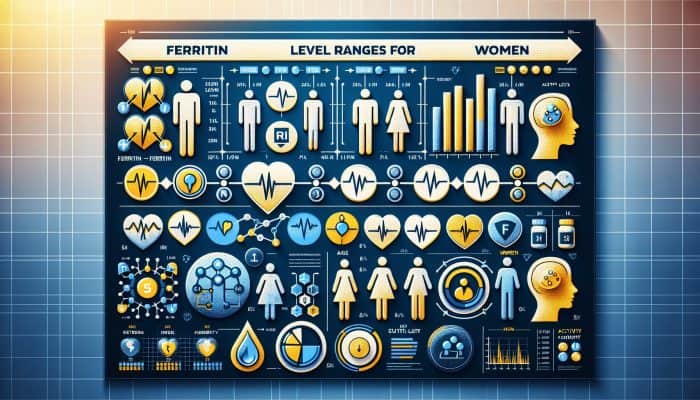 Infographic comparing ferritin level ranges for men and women, with health factor icons on a medical background.