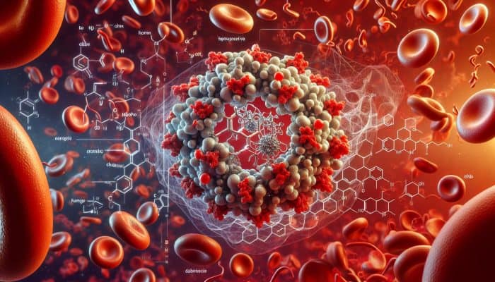 Ferritin Blood Test in Torquay: Microscopic view of ferritin molecules storing iron, with red blood cells and metabolic pathways.