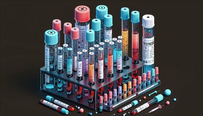 Testosterone Blood Test in Wakefield: Illustration of testosterone blood test with vials, labeled levels, and hormone therapy monitoring charts in a clinical setting.