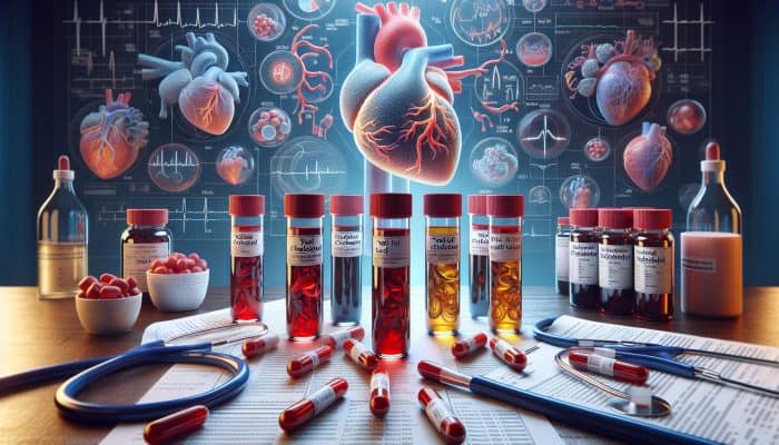 Cholesterol Blood Test in Truro: Illustration of cholesterol blood test vials labeled with total cholesterol, LDL, HDL, triglycerides, beside a heart diagram.