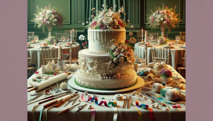 A multi-tiered cake with sugar flowers, piping, and pearls, displayed with decorating tools and ribbons.