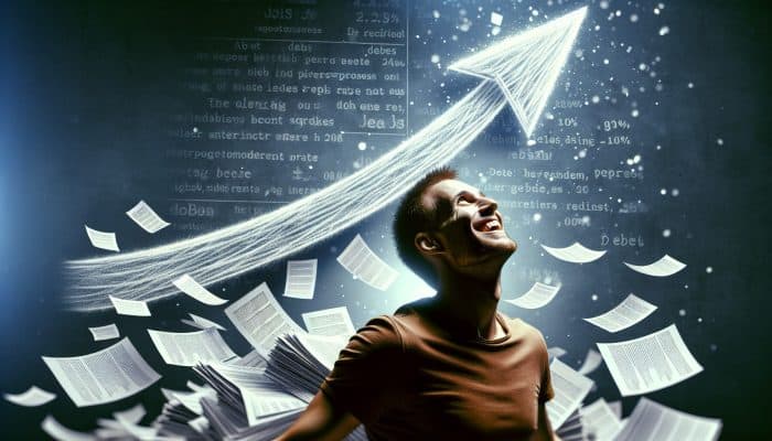 How to Use Spreadsheets for Debt Consolidation: Person feeling relieved as multiple debts merge into one loan with lower interest rate.