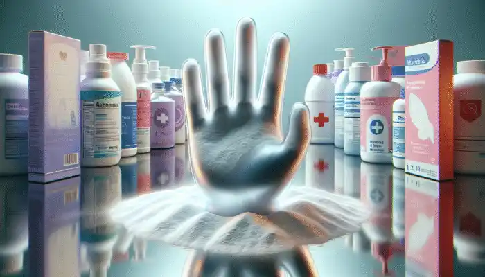 Clear Vinyl Powdered Gloves in Salisbury: Clear vinyl powdered glove on pharmacy counter with hygiene products, showcasing Salisbury's brands.