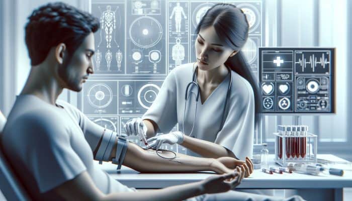 A healthcare professional drawing blood from a patient's arm in a modern lab, focusing on precision and care.