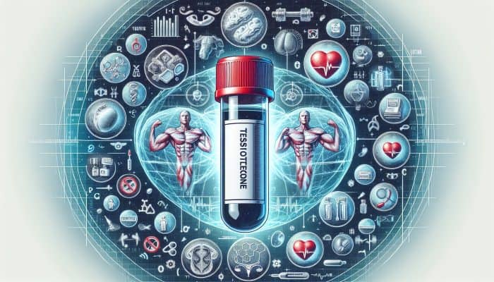 Testosterone Blood Test in Watford: Illustration of testosterone blood test vial with symbols of muscle strength, mood, libido, and related health issues.
