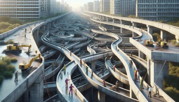 Concrete Drainage Services in Port Coquitlam: A network of concrete drainage systems in an urban landscape, efficiently directing water away from buildings and roads, preventing flooding, with workers maintaining and repairing the infrastructure.